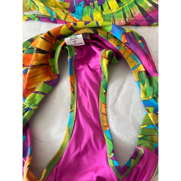 Trina Turk 2 PC Tankini Bikini Set Green Pink Floral Top Size 10 Bottom 8 - Picture 7 of 8